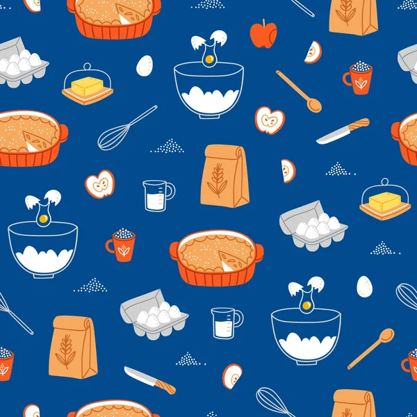 Patrón de ingredientes pastel de manzana sobre fondo azul — Vector de stock