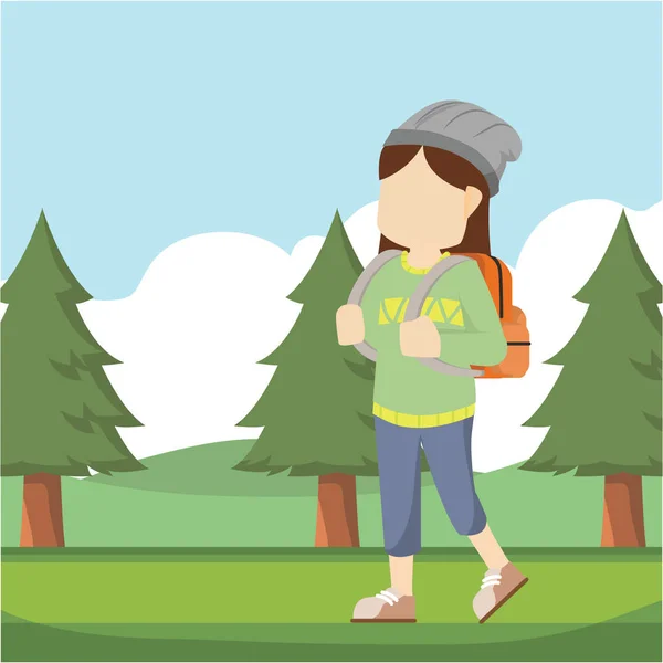 Chica Viajando Bosque Solo — Vector de stock