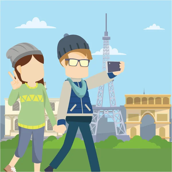 Pareja Caminando Selfie Infront Tower Paris — Vector de stock