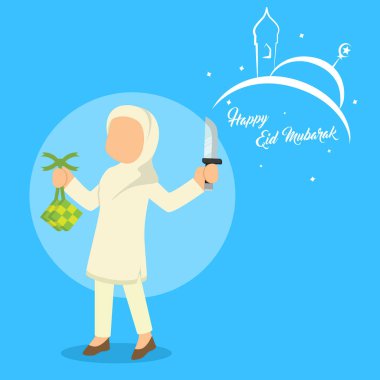 bıçak ve ketupat tutan Müslüman kadın 