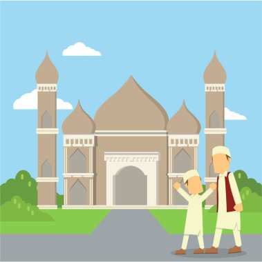 Müslüman adam ve oğlu Camiye gidiyor 