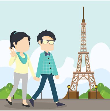 Paris vektör çizim düz tasarım stil içinde yürüyüş