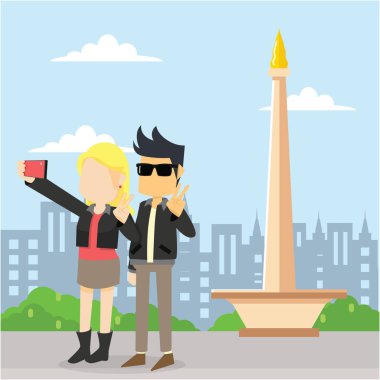 erkek monas vektör çizim düz tasarım arpacık ile selfie alarak kız