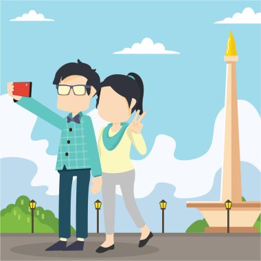 Çift selfie monas vektör çizim düz tasarım stil