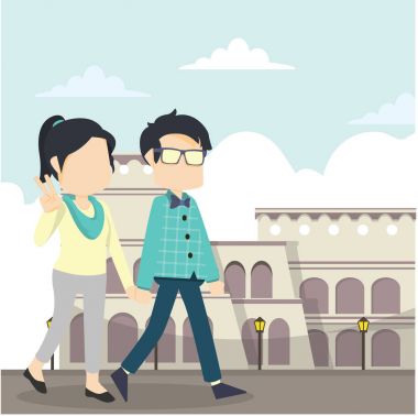 Çift İtalya vektör illustratio düz tasarım stil yürümek