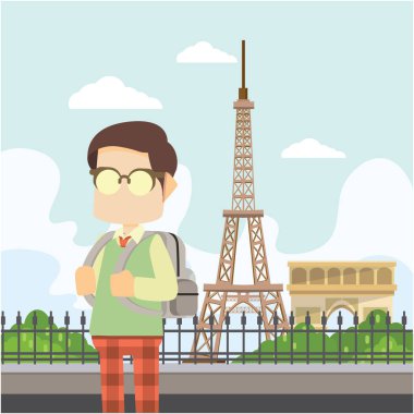 okul çocuğu paris vektör illustratio düz tasarım stil
