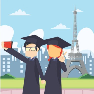 bilim adamı çift selfie infront Eyfel Kulesi 