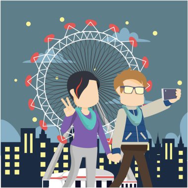  Çift bir selfie Tema park almak. 