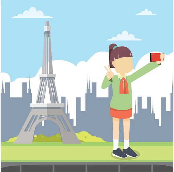 Selfie Eiffel Tower Wektor Pozdrowienie Projekt Płaski Chlew — Wektor stockowy