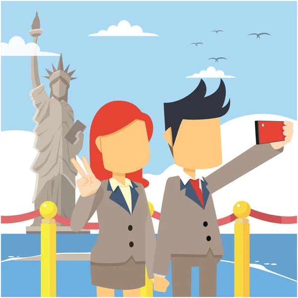 Paar Selfie Liberty Vector Illustratio Plat Ontwerp Stye — Stockvector