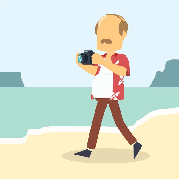 Pria Berjalan Pantai Dengan Kamera - Stok Vektor