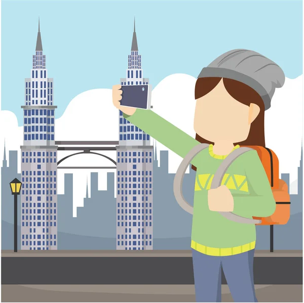 Girl Selfie Front Petronas Malaysia Stock Illustration