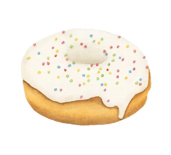 Watercolor donut with white frosting and colorful sprinkles — Stock Photo, Image