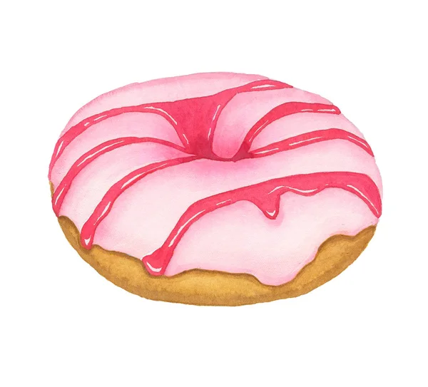 Watercolor donut with pink frosting — Stock Photo, Image