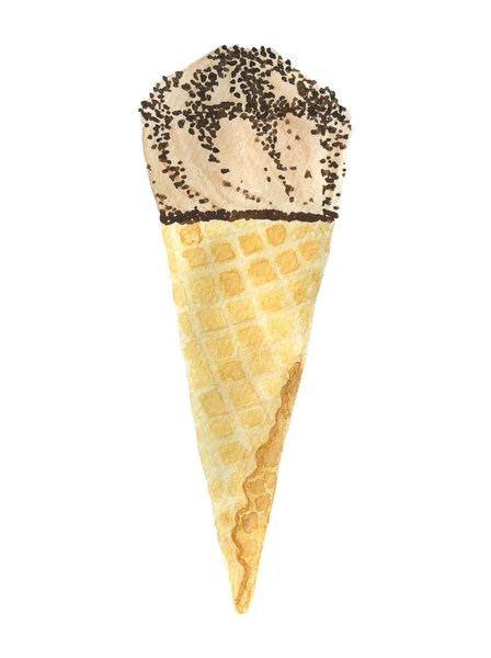 Akvarell csokoládé fagylalt, csokoládé sprinkles a waffl — Stock Fotó