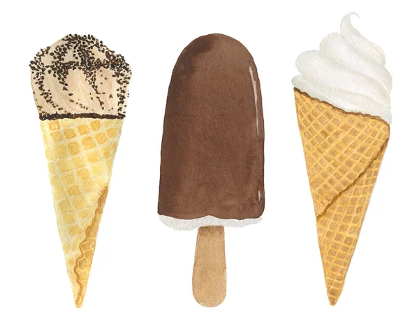 Üç dondurma kümesi. Suluboya resim. — Stok fotoğraf