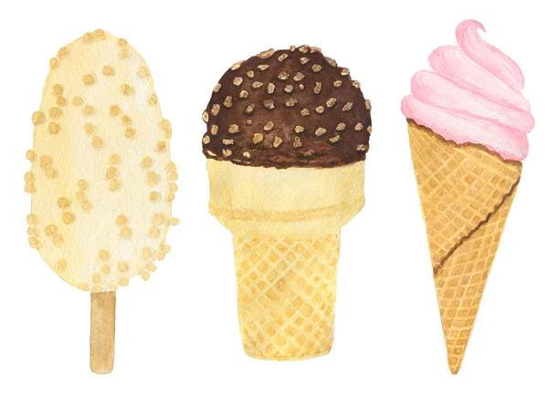 3 つのアイスクリームのセットです。水彩イラスト. — ストック写真