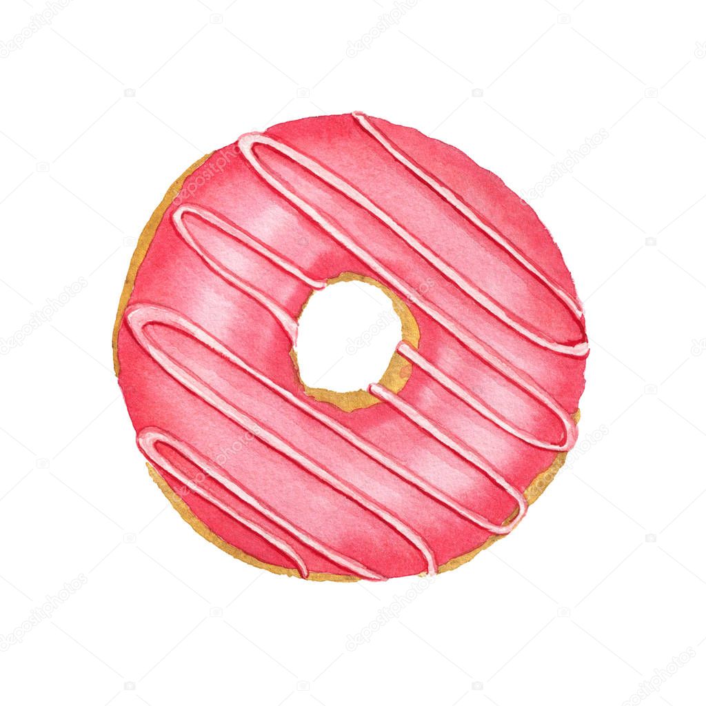 Watercolor strawberry donut isolated on white  