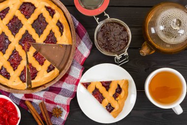 Reçel ve çay ile pasta. Sabah kahvaltı. Üstten Görünüm.