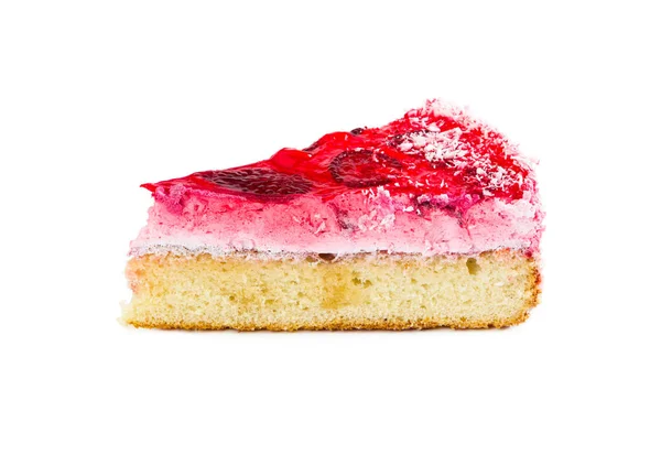 Stück Kuchen mit zarter Souffleuse, mit Erdbeergelee überzogen — Stockfoto