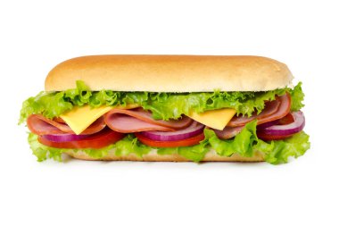 Jambon, domates, peynir, soğan, marul ile sandviç  