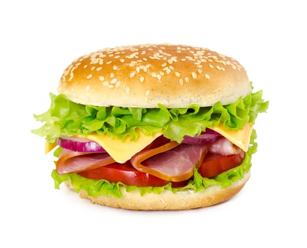 Sandwich with ham, tomato, cheese, onion and lettuce — Stock Photo, Image
