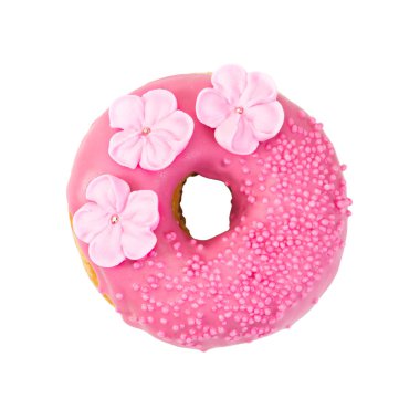 Çilekli donut pembe sır, dekoratif sprinkles ve flowe