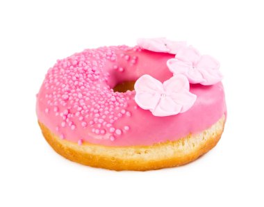 Çilekli donut pembe sır, dekoratif sprinkles ve flowe
