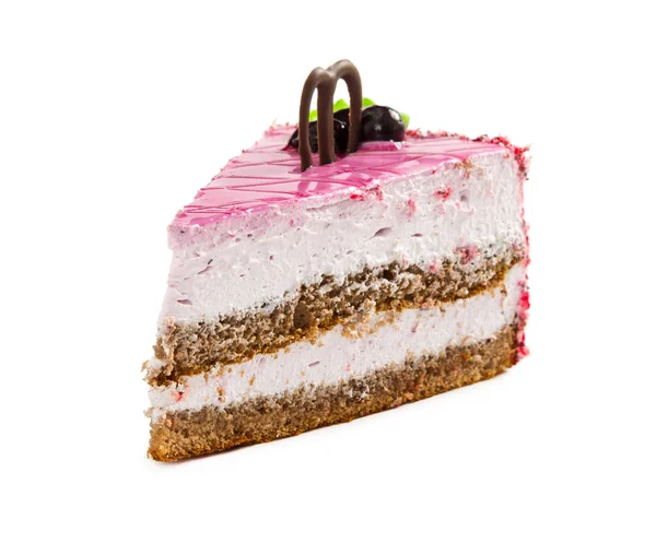 Slice of layered cake with pink glazed, chocolate and black curr — Stock Photo, Image
