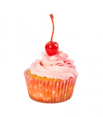 Pembe kreması ve vişne ile cupcake  