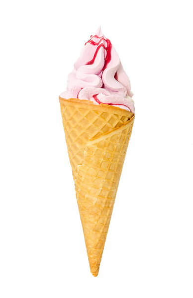 Strawberry ice cream with syrup in waffle cone
