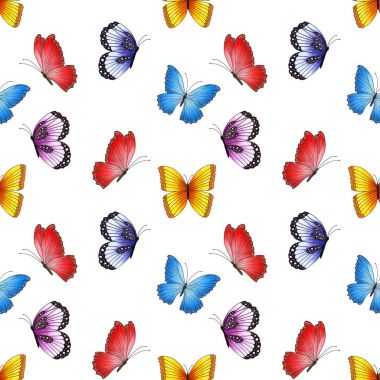 Beyaz bac izole renkli kelebekler ile Seamless Modeli
