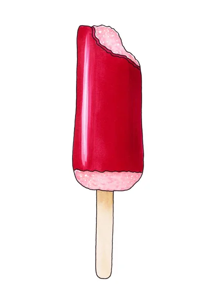 Biten frukt popsicle med cherry glaze. Hand dras markör Ilus — Stockfoto