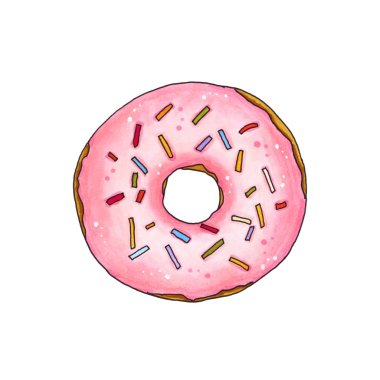 Çörek pembe sır ve sprinkles. Çizilmiş işaret illustrat el