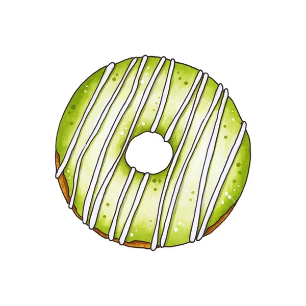 Donut med grön glasyr. Hand dras markör illustration. — Stockfoto