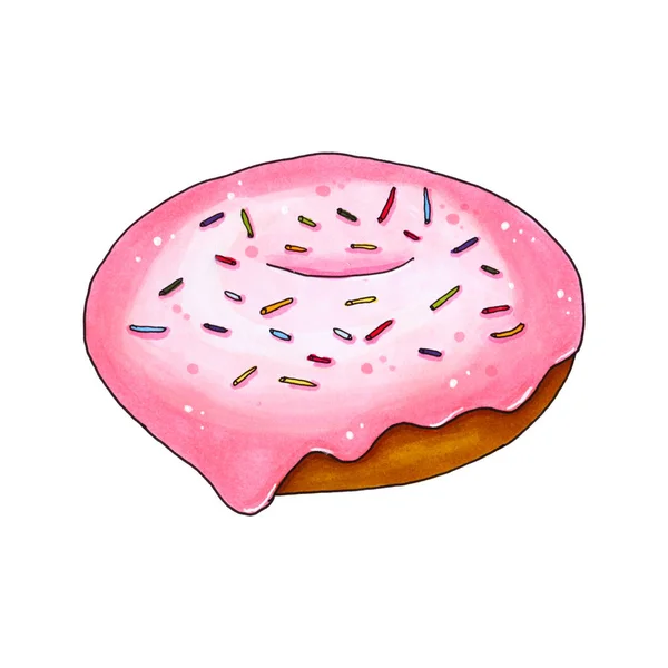 Donut con esmalte rosa. Marcador dibujado a mano ilustración . — Foto de Stock