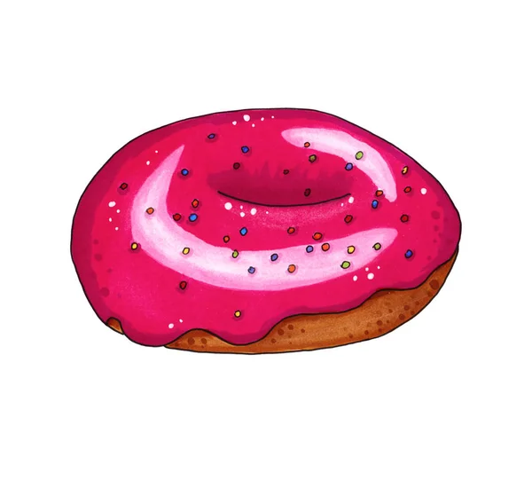 Donut med röd glasyr. Hand dras markör illustration. — Stockfoto