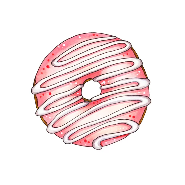Donut med rosa glasyr. Hand dras markör illustration. — Stockfoto