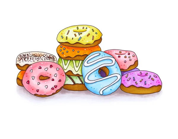 Uppsättning färgglada donut. Hand dras markör illustration. — Stockfoto