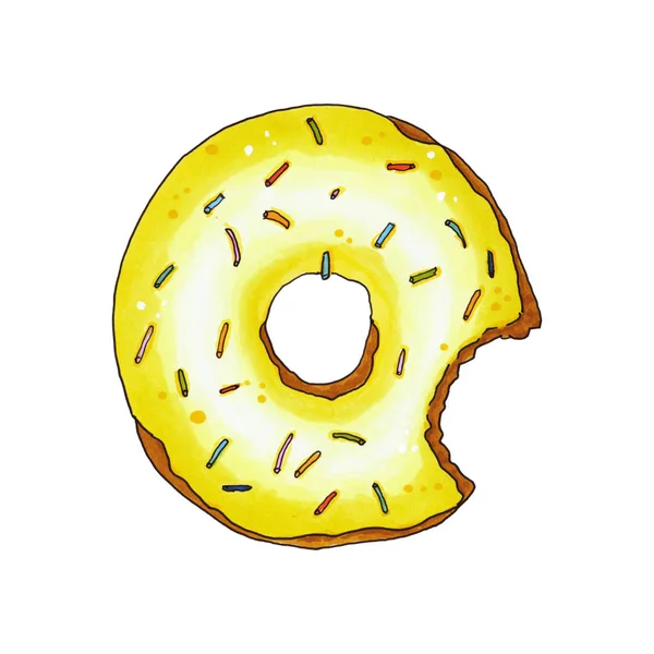 Bitten donut med gul glasyr och strössel. Hand dras markör — Stockfoto