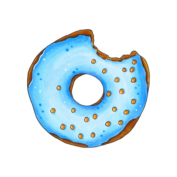 Bitten donut med blå glasyr och strössel. Hand dras markör il — Stockfoto