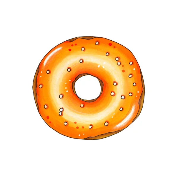 Donut med orange toppning. Hand dras markör illustration. — Stockfoto