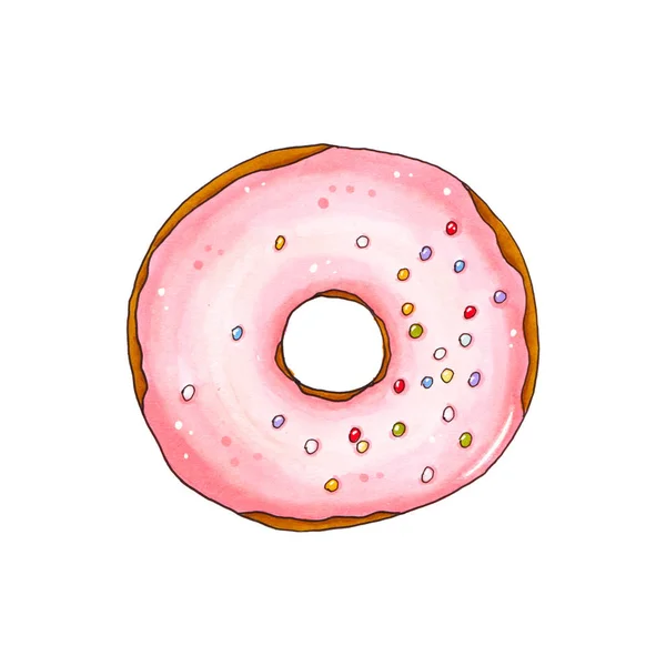 Donut med rosa glasyr och strössel. Hand dras markör nedanstående — Stockfoto