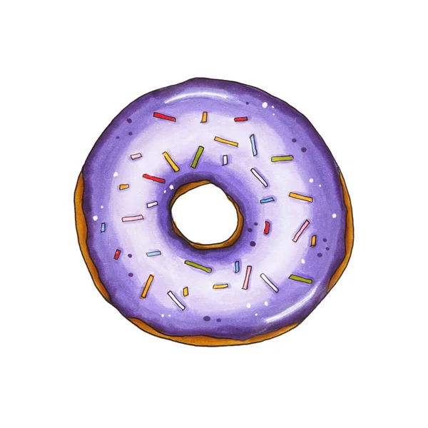 Donut med viol glasyr och strössel. Hand dras markör illustr — Stockfoto
