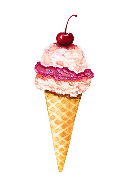 水彩のアイス クリームとワッフル コーン桜 — ストック写真