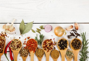 Tahta kaşık içinde farklı baharatlar. Üstten Görünüm.