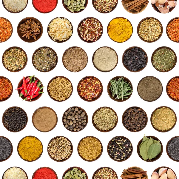 Seamless pattern with different spices in round wooden bowl — Stock Photo, Image
