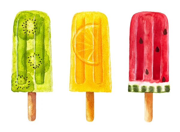 Uppsättning av frukt popsicle. Akvarell illustration. — Stockfoto