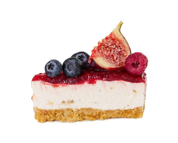 Pedaço de cheesecake com compota, mirtilos frescos, figos e framboesas — Fotografia de Stock