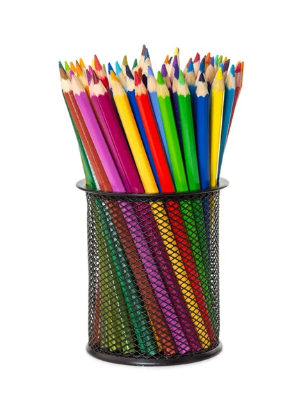 Lápis coloridos em copo de escritório preto — Fotografia de Stock